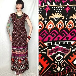 Vintage 1960s 1970s Psychedelic Geometric Hippie Boho Maxi Dress Medium Large